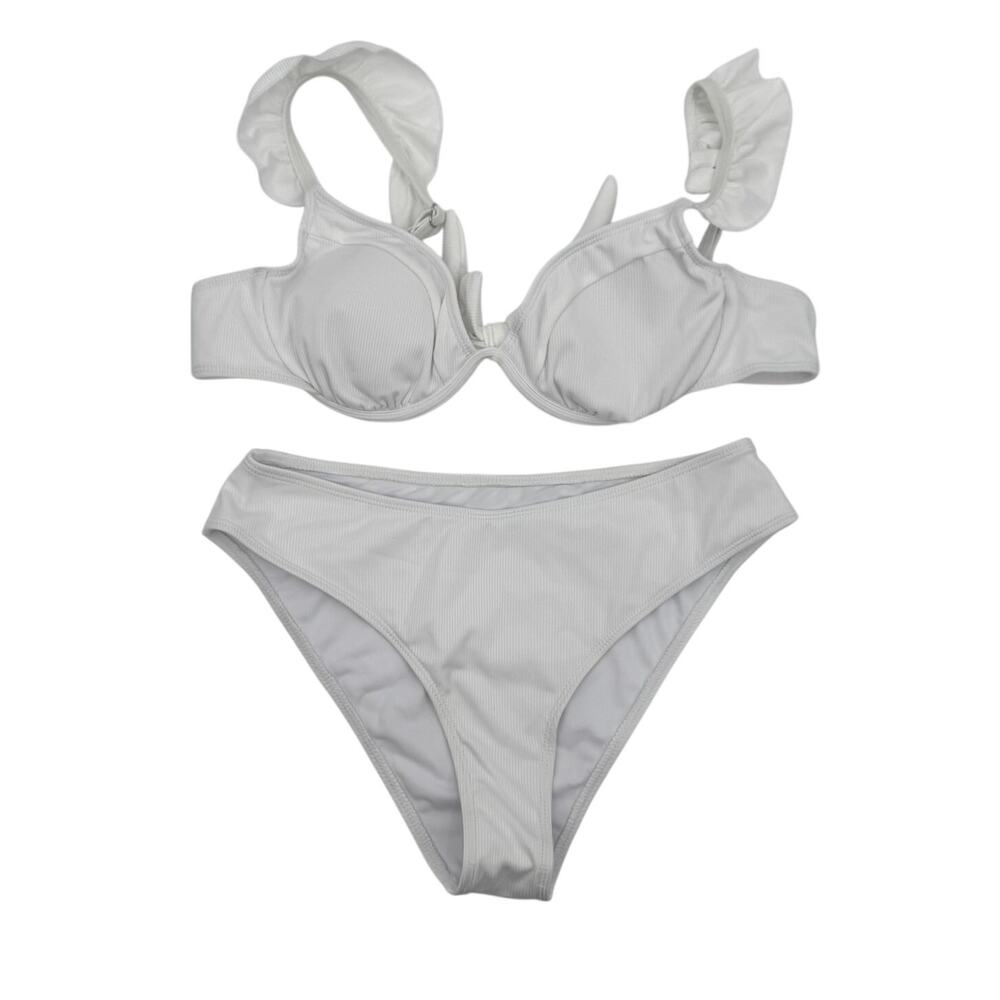 MakeMeChic Womens Large White Ruffle Strap Underwire 2 Piece Bikini Swimsuit